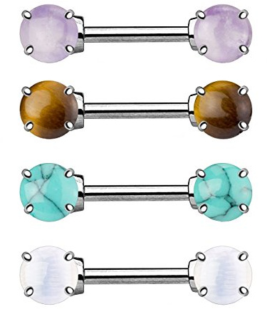 beyoutifulthings Half-Gemstone Amethyst Opal Tiger Eye Turquoise Nipple Piercing Intimate Piercing Nipple Piercing Stainless Steel 1.6 mm 14 mm Stone 7 mm, Stainless Steel Stone, Opal