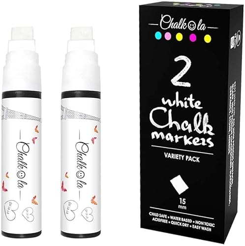 Chalkola Kreidestifte für Tafel Abwaschbar Weiß - 2 Kreidemarker Weiss 15mm dicke Spitze - Kreidestift Weiß für Fenster, Tafel, als Glasstift- Chalk Markers für die Erwachsene und Kinder.