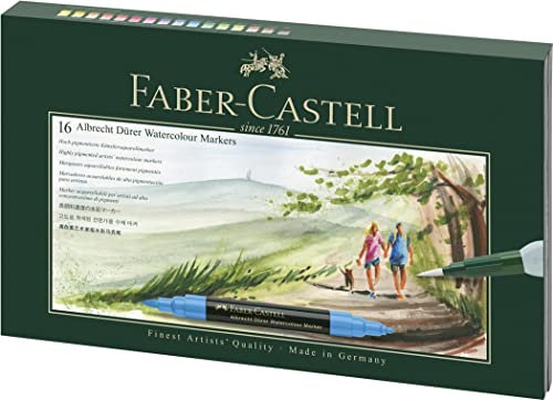 Faber-Castell 160318 Aquarellmarker Albrecht Dürer mit Doppelspitze für flächigen und präzisen Farbauftrag, inklusive Wassertankpinsel, 16er Etui, bunt