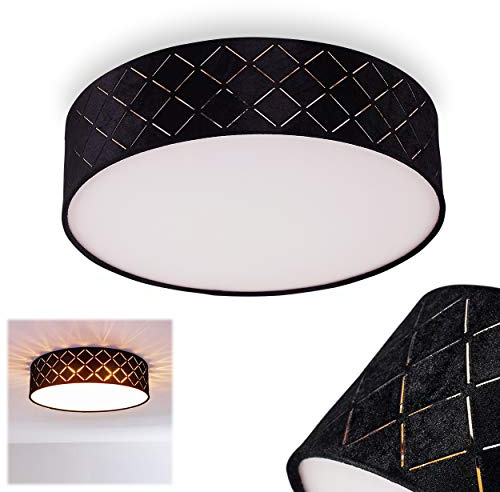 HOFSTEIN Deckenleuchte Chazy, runde Deckenlampe aus Metall/Kunststoff/Stoff in Weiß/Schwarz/Goldfarben, Leuchte im Retro/Vintage-Design (Ø 38 cm), 2 x E27, Schlafzimmer, Wohnzimmer, Küche, Esszimmer