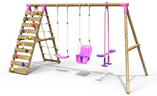 Rebo® Wooden Swing Set with Up and Over Climbing Wall - Sienna Pink | OutdoorToys | Kids' Outdoor Wooden Play Equipment for Gardens, Frame and Accessories Included, Weather Resistant