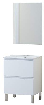 Baikal Set di mobili da bagno con lavabo e specchio, con gambe, in varie finiture, melammina, 16. anta + cassetto 60 cm, bianco