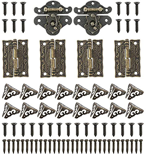 2PCS Serratura Antica Bronzo, 4PCS Cerniere Decorative Vintage, 16PCS Protezioni Angolari Vintage, con Viti, Protezioni Decorative D'angolo, Cerniere Quadrate, per Mobili,Scatole di Legno,Portagioie