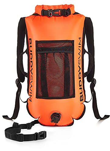 BUDDYSWIM Sac à Dos pour Bouée de Natation en Eau Libre 28 L avec Sac Étanche à 100% et Coussin Dorsal détachable. Pochette Etanche pour la Natation, Légère, Durable et Facile à Plier. Couleur Orange.