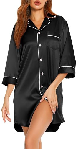 Vlazom Women's Silk Nightshirt Button Down Satin 3/4 Sleeve Nightgwon Boyfriend Sleepshirt Notch Collar Sexy Nightdress Black,L