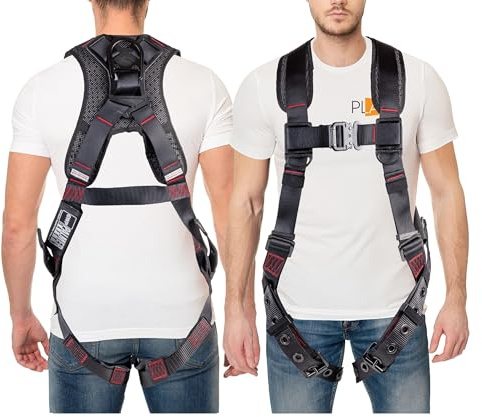 Palmer Safety ATERET Fall Protection 5pt Safety Harness, 1D-Ring, Quick-Connect Buckle, Grommet Legs, Sewn in Back Pad I OSHA ANSI Compliant Personal Equipment (Black - Universal)