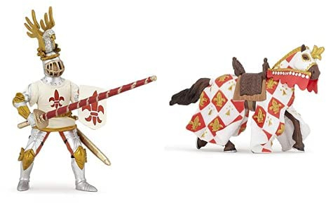 Papo-Lot de 2 Figurines - Collection Médieval - Fantastique - Cheval Blanc Fleur de lys + Chevalier Blanc Fleur de lys