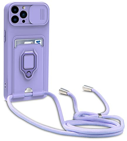 Dllatui Cover Compatibile con iPhone 13 Pro, Cover con Cordino Tracolla, Slidable Fotocamera Protezione Custodia,Supporto,Slot Schede, Silicone Case (Porpora)