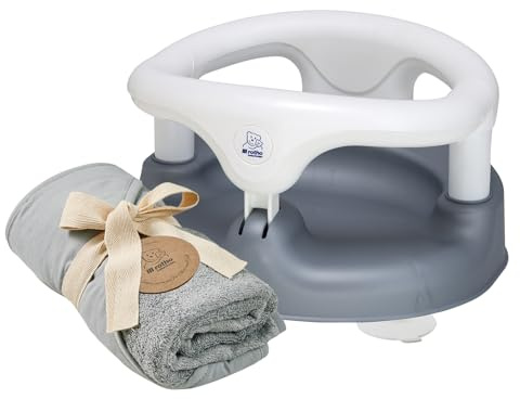 Bundle aus Rotho Babydesign Badesitz, mit Scharnierring und Kindersicherung, 7-16 Monate, bis zu 13 kg, BPA-, 35 x 31,3 x 22 cm, Perlsilber/Weiß + Rotho Babydesign Baby-Badeponcho stone grey