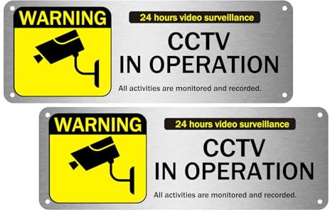 Yitla 2-Pack CCTV In Operation Sign,CCTV in Operation Aluminum Sign with Self-Adhesive Stickers for House and Business Indoor or Outdoor Use,UV Resistant, Anti-rust, 25x9cm,2pcs