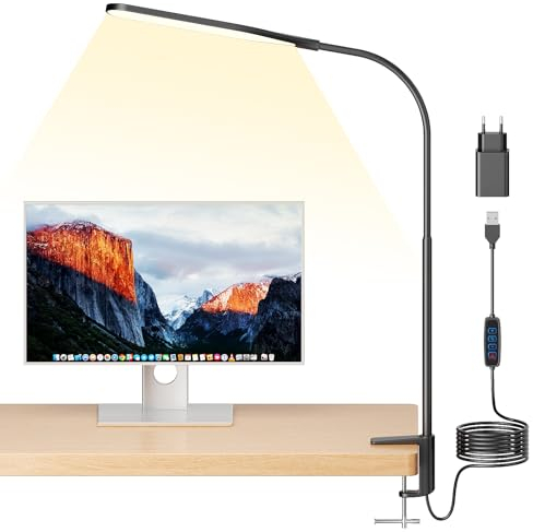 anyts Schreibtischlampe LED, Schreibtischlampe Klemmbar Mit 3 Farben, 10 Helligkeiten Leselampe, Augenschonende Klemmleuchte (Schwarz)
