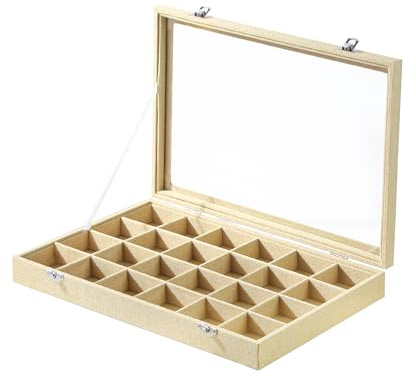 Coward Schmuck-Organizer-Box, gelbes Leinen, 24 Fächer, für Ringe, Ohrringe, Schmucktablett mit transparentem Glasdeckel für Zuhause, Schublade oder Ladenverkauf