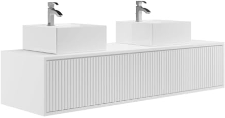 Vente-unique-Mobile per bagno sospeso scanalato con lavabo doppio 150 cm Bianco - ARNEGA