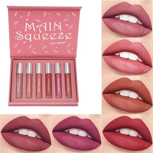 Set med 6 matt läppstift, flytande läppstift, flytande läppstift med 12 timmars grepp och glänsande finish, intensiva pigment, vattentät långvarig makeup presentset (B)