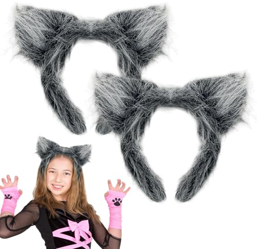 FUIPVGI 2 Stücke Haarreif Wolfs Ohren, Wolf Ohren Haarband für Wolfskostüm zum Karneval Haarschmuck Halloween Cosplay Kostüm Kopfbedeckung Anime Requisiten für Männer Frauen (Dunkelgrau)