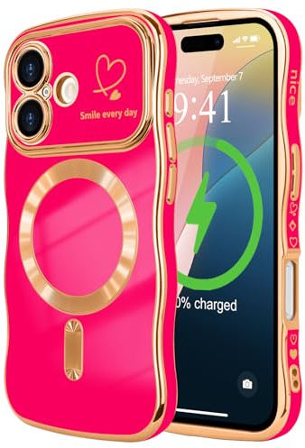 LCHULLE per iPhone 16 Cover Magnetica Cuore Ondulata,Rosa rossa | Compatibile con Magsafe, Cuore forma di ricciolo ondulato, Protezione Fotocamera galvanizzato Custodia