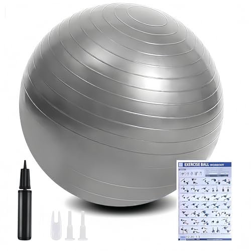 flintronic Fitness träningsboll, 65 cm, fitball, pilates, graviditet och sittande, balans, träning (inklusive färglåda, bruksanvisning, luftpump, grå 65 cm