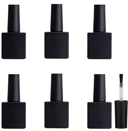 Upstore 6 Pcs 10ml Empty Nail Polish Bottles with Brush Square Glass Refillable Gel Nail Polish Storage Bottles Containers for DIY Nail Art (Matte Black)