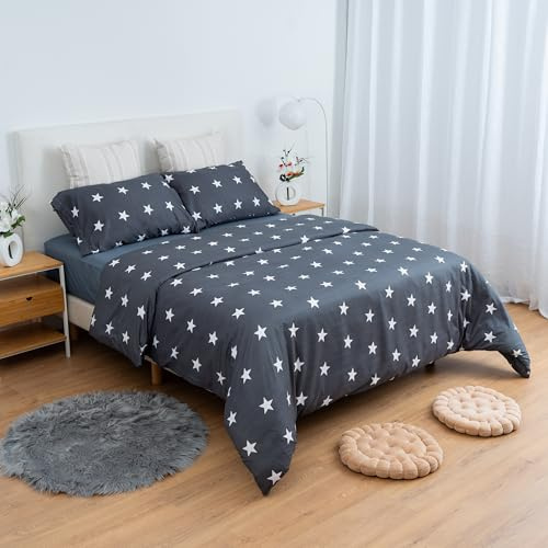 Etrexonline Juego de Funda Nórdica 3 Piezas para Cama 90 - Funda Edredón 150x220 cm, Sábana Bajera 90x200+28 cm, Funda de Almohada 45x110 cm - Microfibra Suave y Transpirable - Estrella Gris