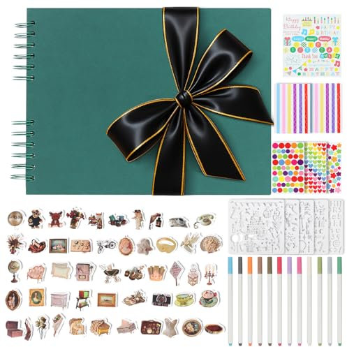 DazSpirit Fotoalbum zum Selbstgestalten mit Goldbesetztes Satinband, 80 Schwarze Seiten Scrapbook Fotobuch zum Einkleben,12 Metallic-Stiften,11 Aufklebe,Gästebuch für Geburtstag& Hochzeit(Dunkelgrün)