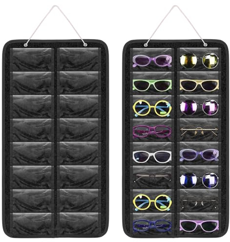 HNBTX Organizzatore per Occhiali da Sole da Appendere,Porta Occhiali da Sole con 16 Scomparti a Prova di Polvere,Espositore Occhiali da Parete Multiplo,Perfetto per Qualsiasi Stanza-Nero