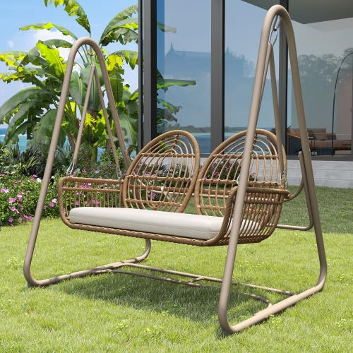 LIANGFUN Gartenschaukel, Hollywoodschaukel mit Rückenlehne, Gartenmöbel-Set für den Außenbereich,Doppelschaukel aus PE-Rattan, 2 Sitze, Brauner Sitzrahmen und beiges Kissen