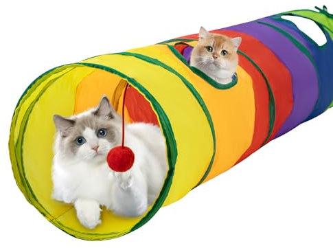 Rainbow Cat Tunnel Toy with Hanging Ball – Foldable Pet Play Tunnel with 2 Peep Holes for Kittens, Rabbits, Ferrets – Portable Crinkle Tunnel for Indoor Cats, Small Animals (1pcs)