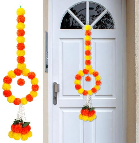 Diwali Ring Shape Chimes Marigold Garland for Home Decoration, Artificial Marigold Toran Pendant for Indian Wedding Party, Marigold Flowers Hanging for All Year Decoration