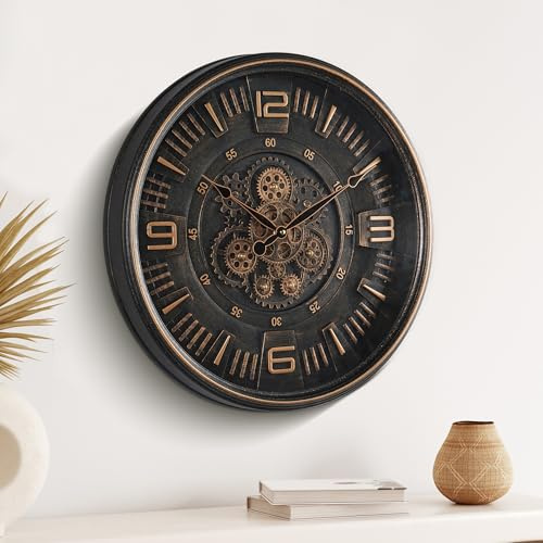 Maxstar Horloge Murale Vintage à Engrenages Mobiles, 20'' Décor Métal Industriel Steampunk pour Salon, Bureau, Cheminée, Ferme (Chiffres Arabes-Bronze)