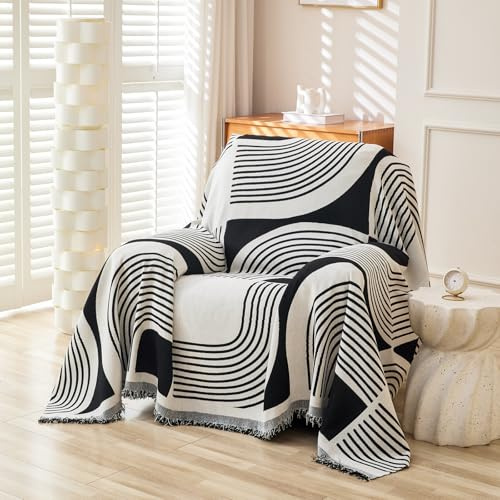 WEYOND Boho Sofa Überzug, Sofabezug, Couch Überwurf, 180 x 230 cm, Schwarz | Chenille Sofa Cover, Waschbar Sofa Überwurfdecke, Sofaschoner Hund & Sofaschutz Katze, Sofahusse für 1 Sitzer, Sessel