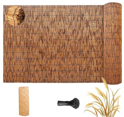 Natürlicher Bambus Sichtschutz - wasserdichte Bambusmatte für Balkon & Gartenzaun Outdoor Sonnenschutz Einfache Installation Umweltfreundliches Material Gelb & Weiß Draht (W17)