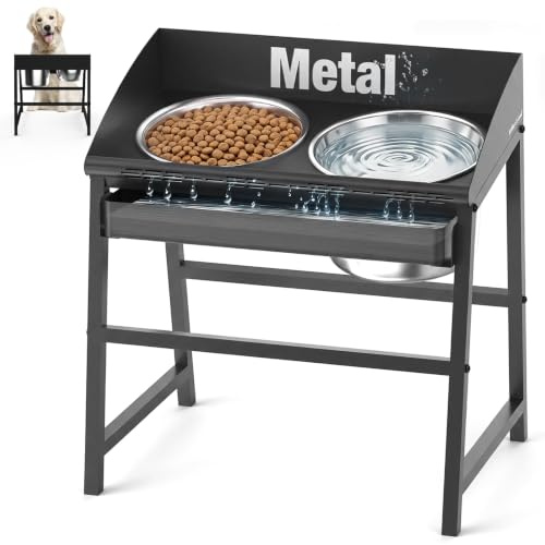 Spill Proof Tilted Elevated Dog Bowls for Large Breed, 15“ Tall Raised Dog Bowl with Stand, Stainless Steel Dog Food Bowl & Water Bowl Set for Indoor & Outdoor Use, Easy Clean Large Dog Bowl Dog Dish | Raised Dog Bowl with Stand; Stainless Steel Food&Water Bowl Set with Splash Guard; Easy Clean for Indoor Dry-Use Areas