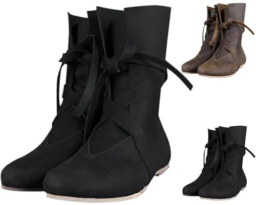 Mittelalter Schuhe Herren Damen,Pu Wikinger Stiefel -Schlupfstiefel Mittelalter Kleidung Unisex Piraten Kurzstiefel Mit Flachem Wikinger Kleidung Damen Retro Cowboystiefel Oktoberfest Halloween Kostüm