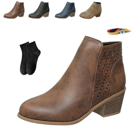 Botines de tobillo de cuero ortopédicos para mujer con tacón medio grueso sin cordones, para otoño e invierno, tacón bajo, punta puntiaguda, soporte del arco, botines cortos con cremallera lateral