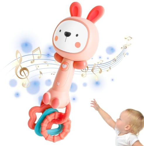 Baby Rattle & Sensory Teething Toy with Music, 6-12 Months(Rabbit) | BPA-Free,Safe Material,food-grade silicone Teething Ring,Gum Relief,Easy Grasp,gentle music,colour,soft Light and Sound