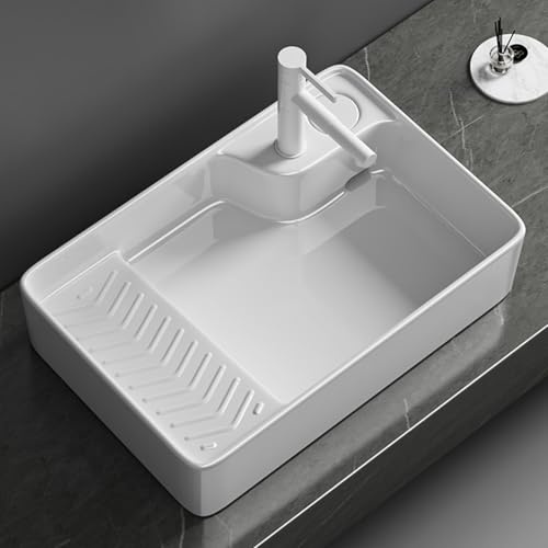 Lavatoio Ceramica Moderno in Ceramica con Rubinetto, Lavanderia con Asse per Lavare e Scarico dell'Acqua a Scomparsa, Lavandini Bagno per Balcone e Bagno(60x40x15cm/23.6x15.7x5.9in)