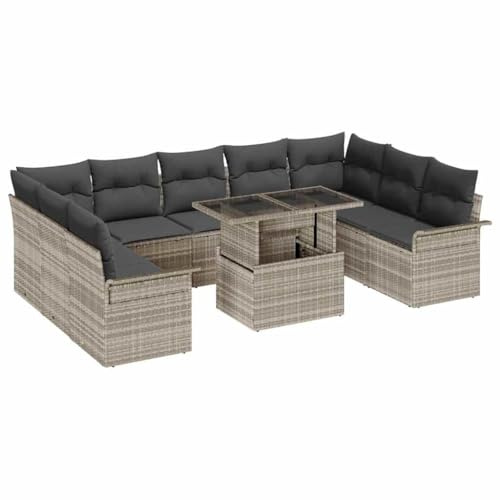 Yunovire Garten-Sofa-Set 10-teilig, Hellgrau Poly Rattan, Modulares Loungesofa mit Kissen, 289x187.5 cm, für Terrasse, Balkon, Garten, Outdoor-Möbel