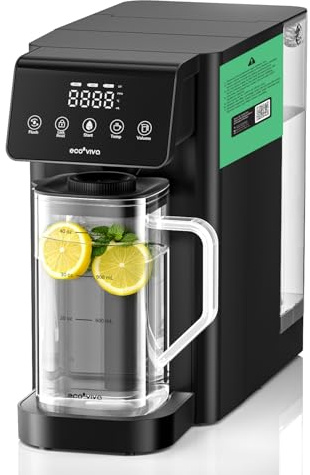Ecoviva Umkehrosmosesystem MATE 5 - Tischwasserfilter mit 3 getrennten Filtern, MATE5 UV-Sterilisation und Warmwasserverteiler, alkalisches Wasser, kompakt, ohne Installation, Grüne Etiketten
