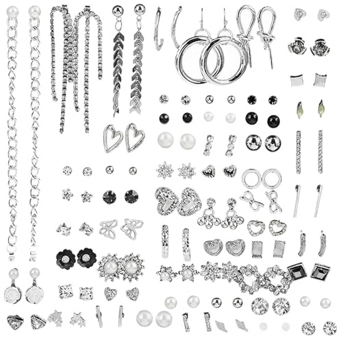 JSTHHTT 60 Paar Ohrringe Set Ohrstecker für Damen Medizinische Ohrstecker und Klein Creolen Verschiedene Ohrringe Set Hängend Perlenohrringe Creolen Lang Baumelnd Tropfen Silber für Damen Mädchen