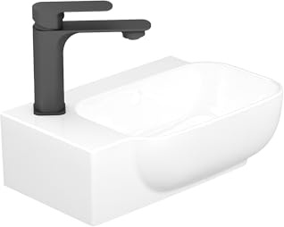 EMKE Waschbecken Klein, Eckiges Wandwaschbecken mit Hahnloch Links, Keramik Handwaschbecken für Gäste-WC & Kleine Bäder, Badezimmer Waschbecken, 40x25x14 cm, Weiß