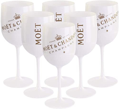 6 x Moët & Chandon Ice Impérial Acryl-Glas Champagner Gläser-Set in weiß/gold Champagne Becher Kelche inkl. Untersetzer (6 Stück)