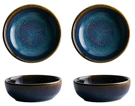 Colias Wing 2.5 Inch Vintage Blue with Brown Edge Stylish Design Multipurpose Porcelain Side Dish Bowl Seasoning Dishes Soy Dipping Sauce Dishes-Set of 4-Blue