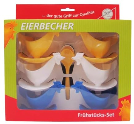 Sonja Plastic 6er Set Eierbecher Huhn mit Löffeln - Weiß Blau Gelb | Kultiges DDR Frühstücksset in Geschenkbox inklusive Kochbuch und Karte - Ostalgie Eierhalter Design Klassiker