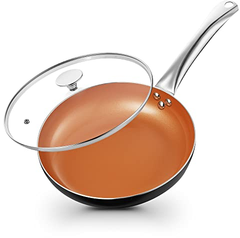 KOCH SYSTEME CS Little Skillet with Lid - 8 Copper Nonstick Frying Pan for Oven & Stove, Small Skillet with Ceramic Coating, Aluminum Nonstick Pan, 100% PFOA Free, All Stove Tops Compatible
