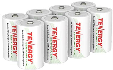 Tenergy Centura Lite 1.2V NiMH Rechargeable D Battery, 3000mAh Low Self Discharge D Cell Batteries, Pre-Charged D Size Battery, UL Certified, 8 Pack