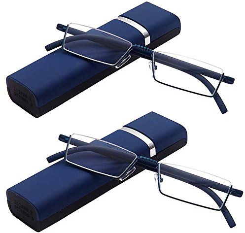 2er Pack Ultraleichte TR90 Unisex Designer Lesebrille für Herren Damen - Faltbare Halbrahmen mit Box Schwarz Rot Blau Braun Vergrößerungen(Blau,+2.0)