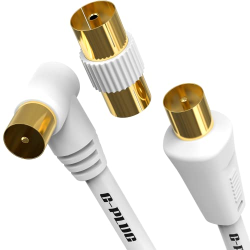 G-PLUG 1m Long TV Aerial Cable Right Angle with Plug Adapter - Coaxial Satellite Cable TV Antenna AV Lead Male to Male with RF Connector Coax Extension Gold - FreeView, FreeSat, Sky Box, BT