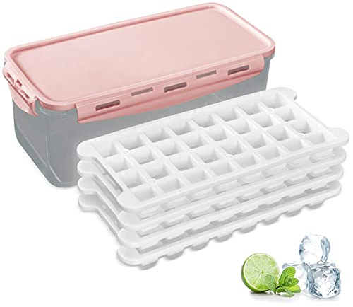 Abdodar Silicone Ice Cube Trays and Ice Cube Storage Container Set with Airtight Locking Lid, 4 Packs / 128 Trapezoid Ice Cubes (pink4)