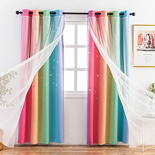 Stiio Tende oscuranti per bambini, 2 pannelli, con ritaglio a stella, motivo a righe e arcobaleno, blocco della luce, per camera da letto di ragazze, decorazione per la casa, 132 x 160 cm (larghezza x