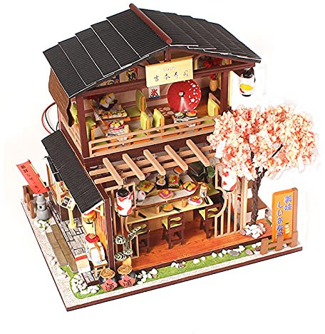 Casa delle bambole fai da te in miniatura con mobili, kit fai da te per casa delle bambole in legno, antipolvere e movimento musicale, idea creativa per la stanza (ristorante giapponese di sushi)